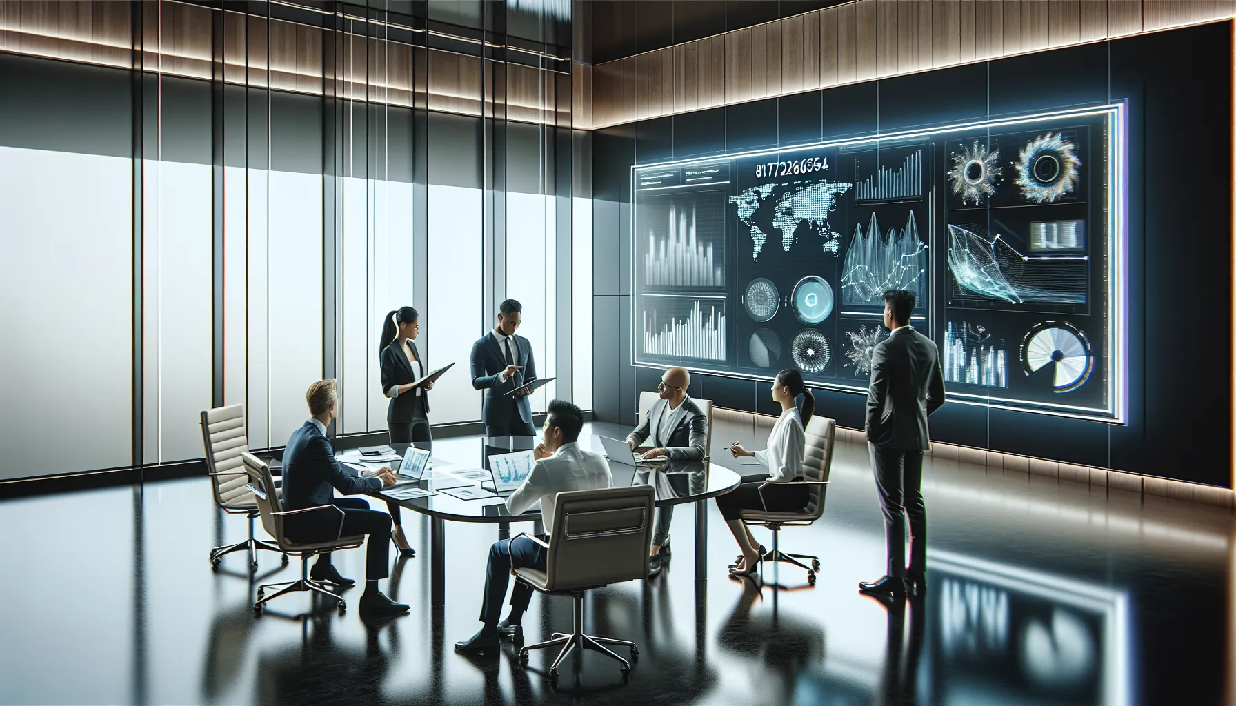 diverse team discussing data analysis in a modern office.