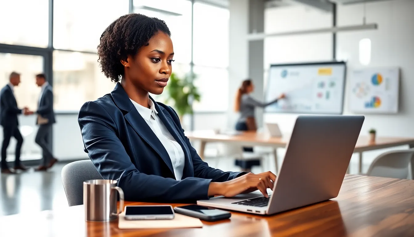 a professional woman using the LotsOfPower Net platform in a modern office.