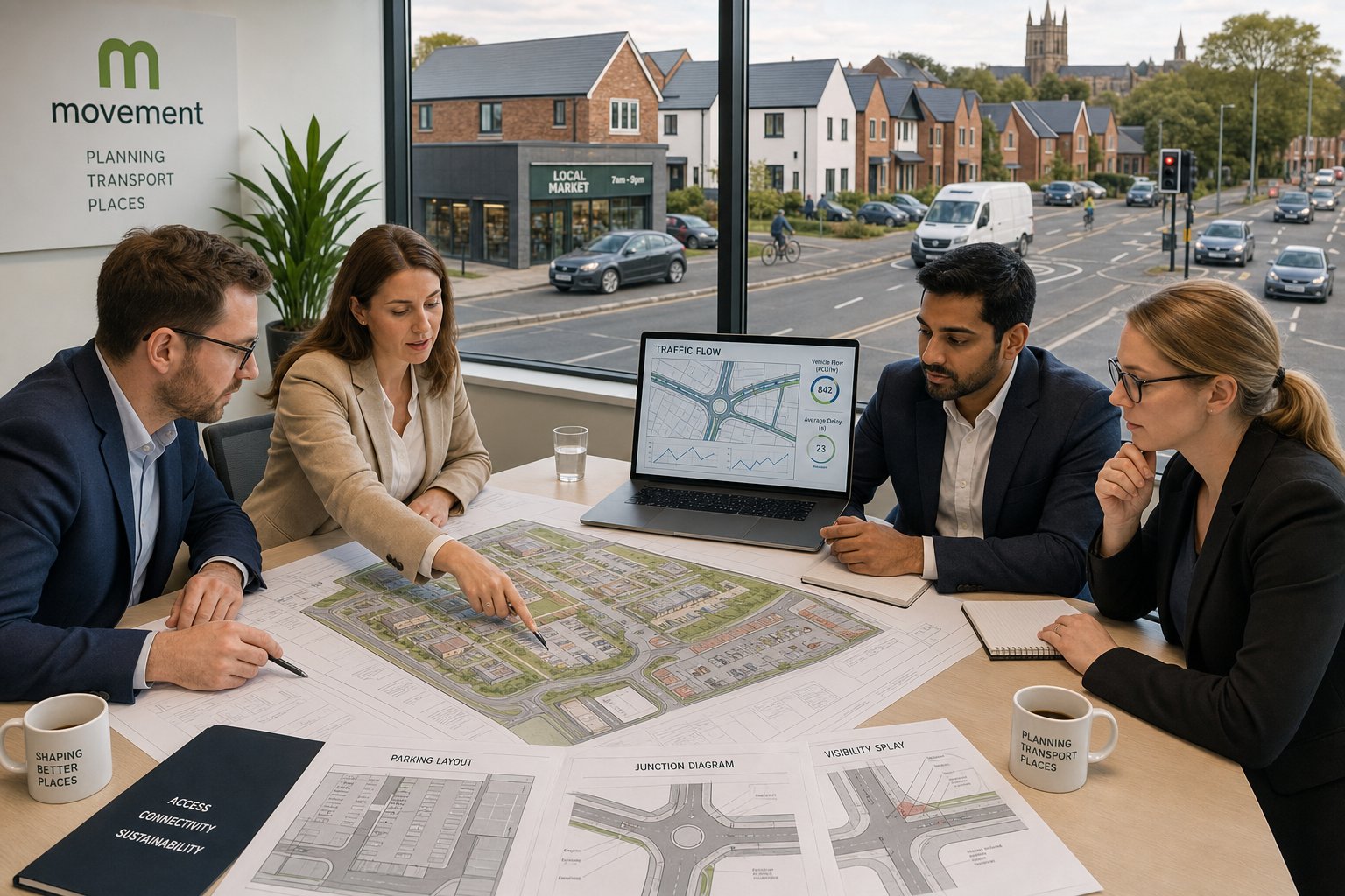 Traffic engineer reviewing housing and commercial site plans in a modern office.