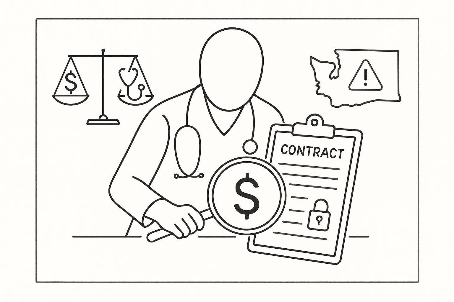 PA examining an employment contract with magnifying glass and Washington Physician Assistant Contract Review.