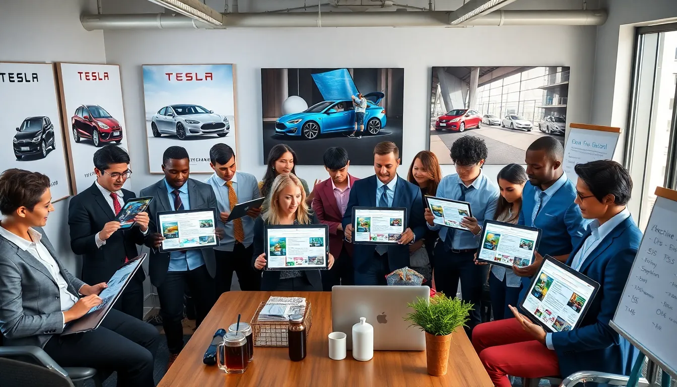 diverse group discussing electric vehicles in a modern office setting.