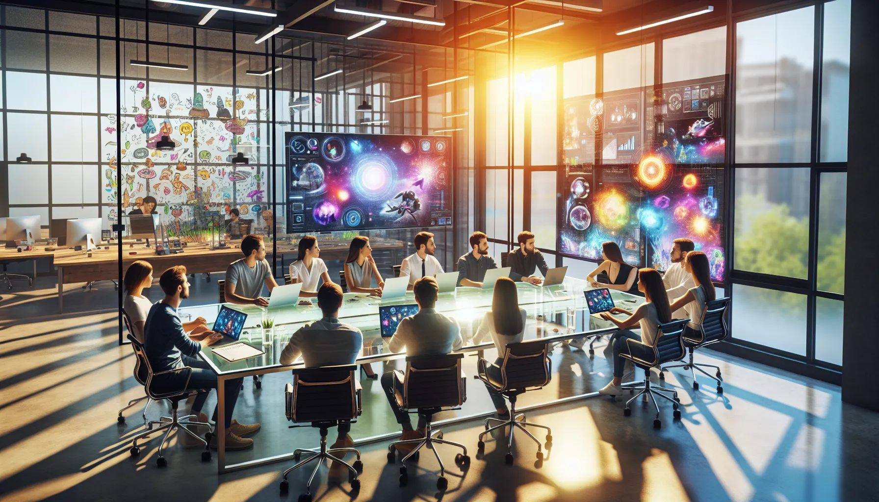 diverse team brainstorming about future gaming developments in a modern office.