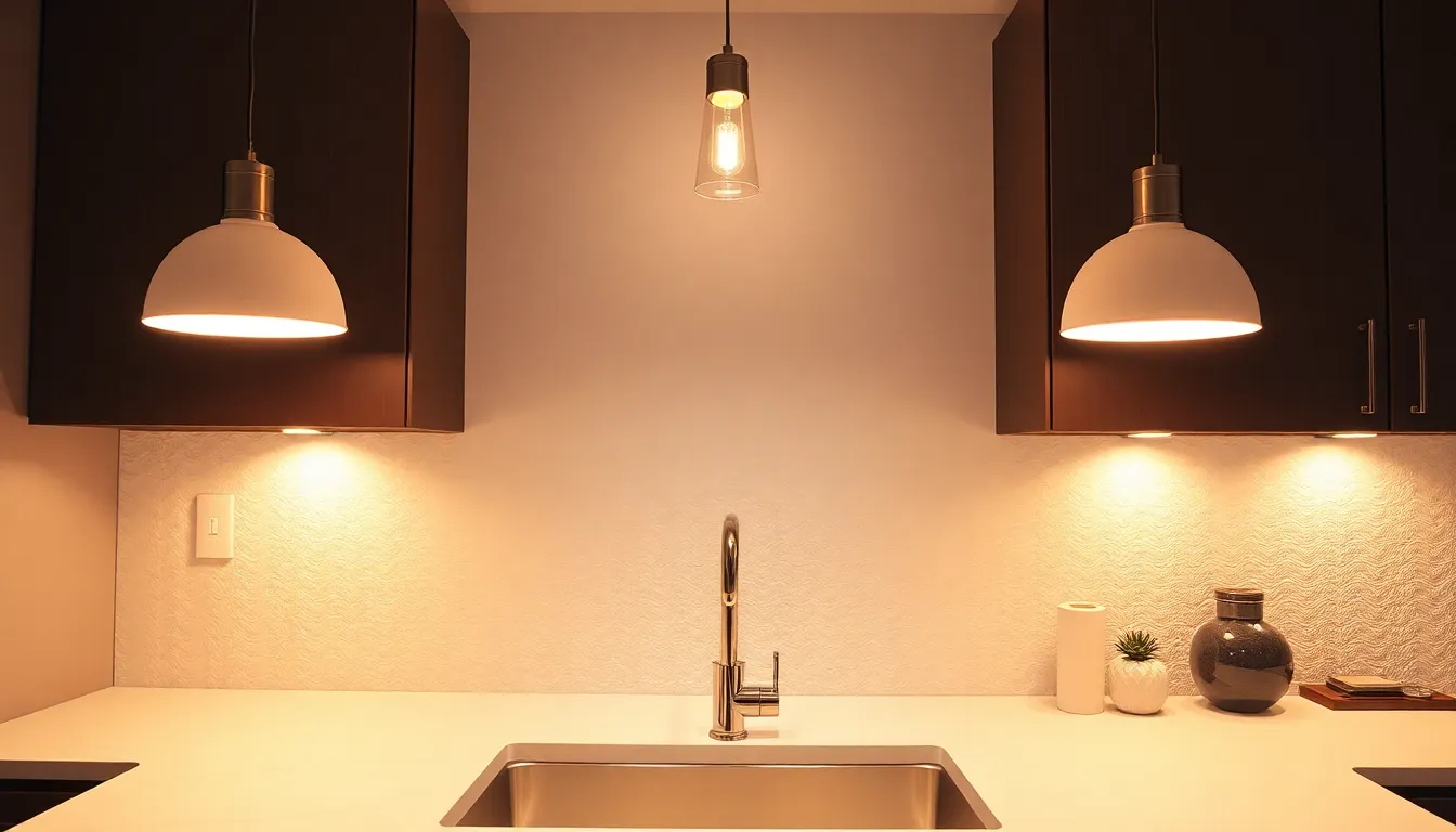 modern kitchen with stylish sink and elegant pendant lighting.