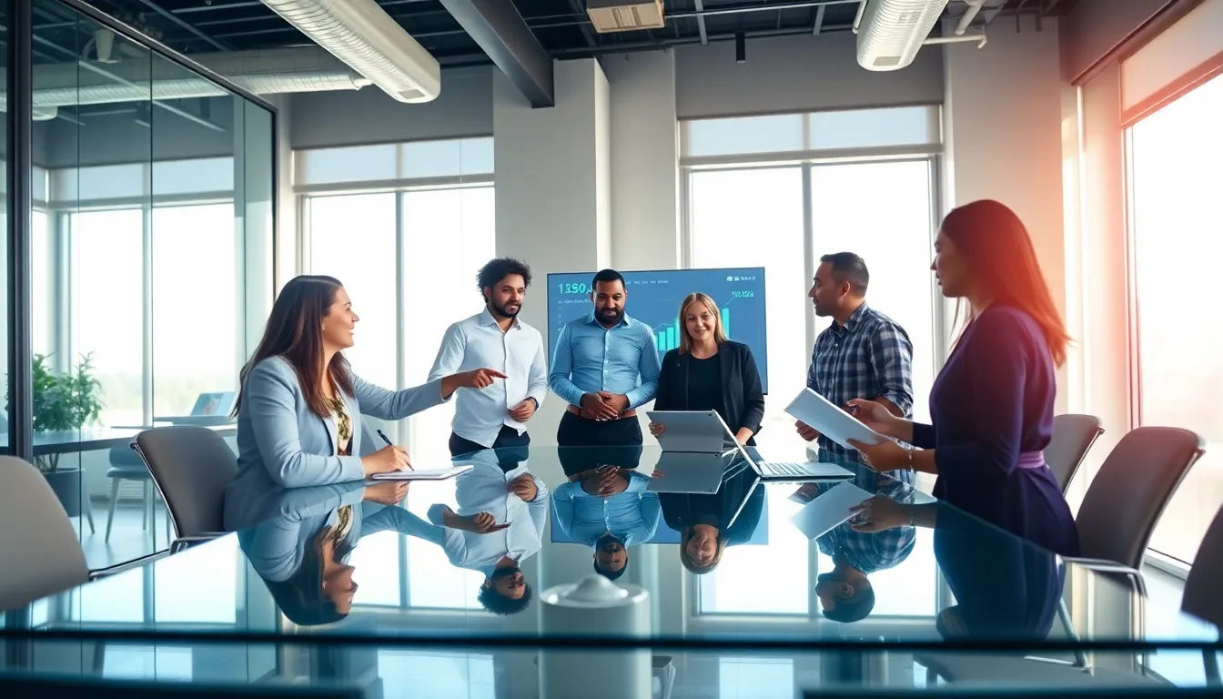 diverse team discussing financial solutions in a modern office.