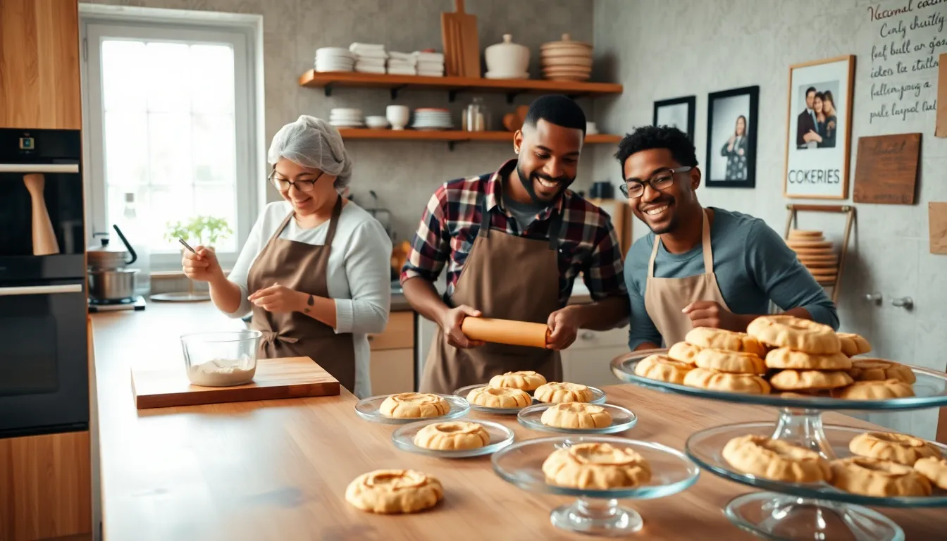 diverse bakers creating cookies in a cozy kitchen.