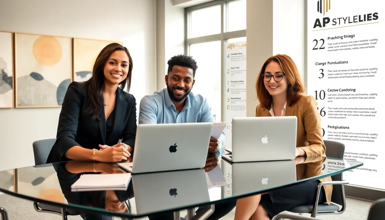 diverse team discussing AP Style guidelines in a modern office.