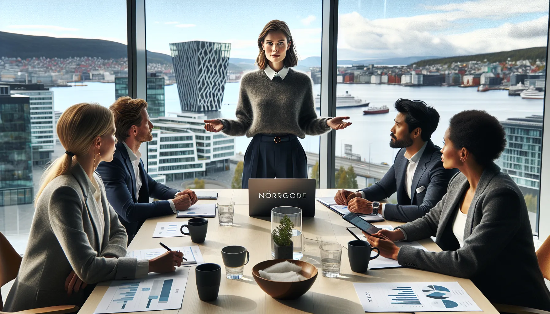 Slik skaper du en vinnende pitch for investorer 2 Norwegian founder pitching to diverse investors in an oslo office with roadmap slide.