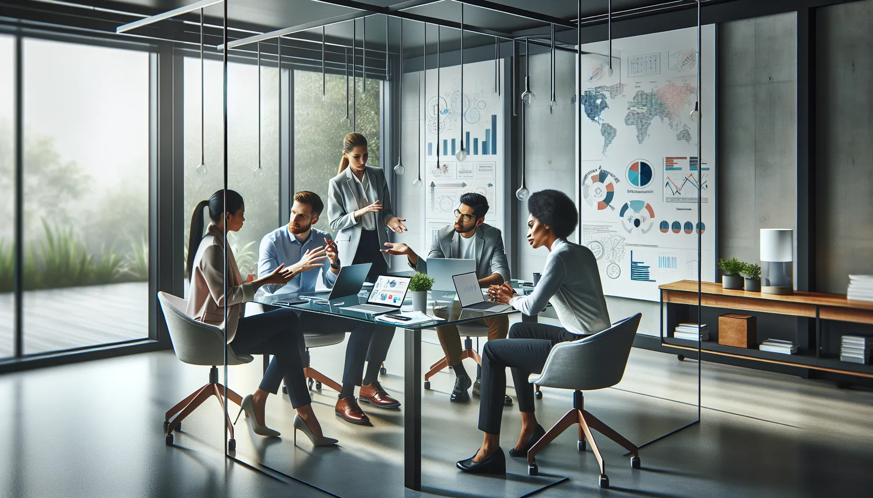 diverse team brainstorming in a modern office setting.