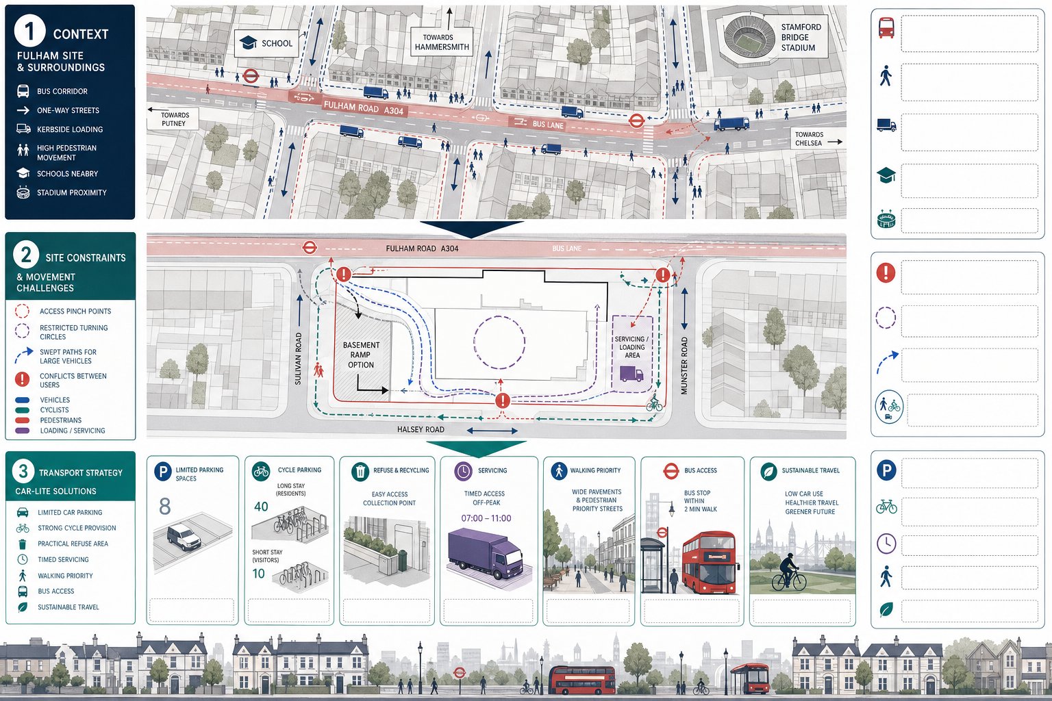 Infographic of Fulham site constraints shaping a car-lite transport strategy.