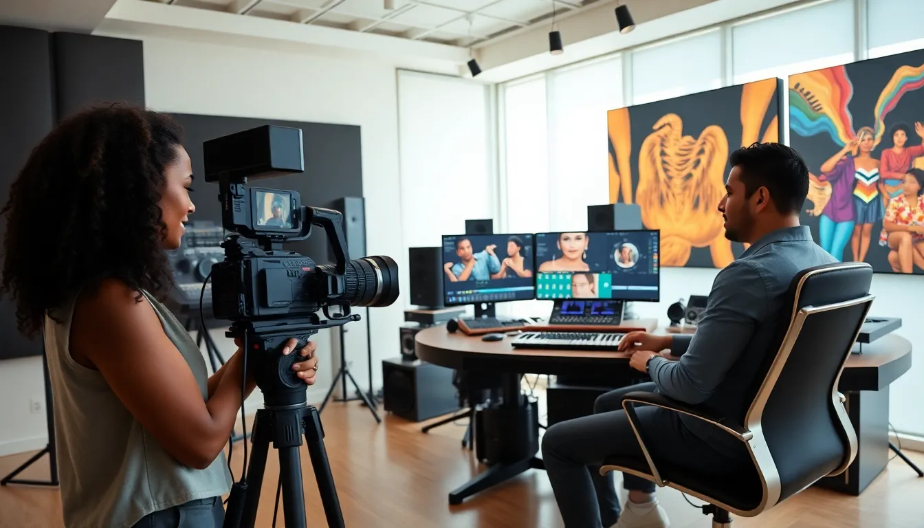 diverse team in a modern studio working on audio and video technology.