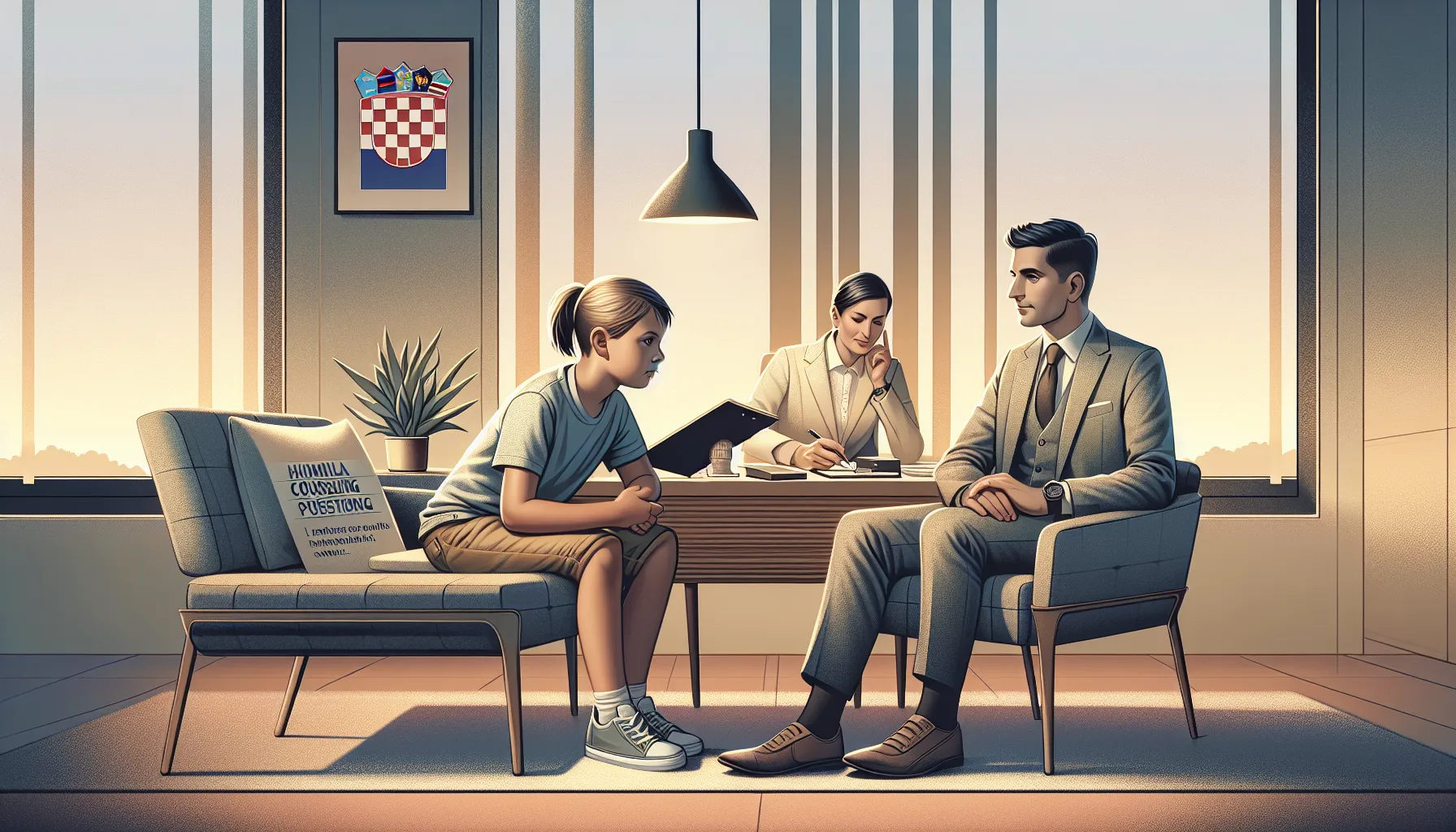 Child speaking with family counselor in professional office setting