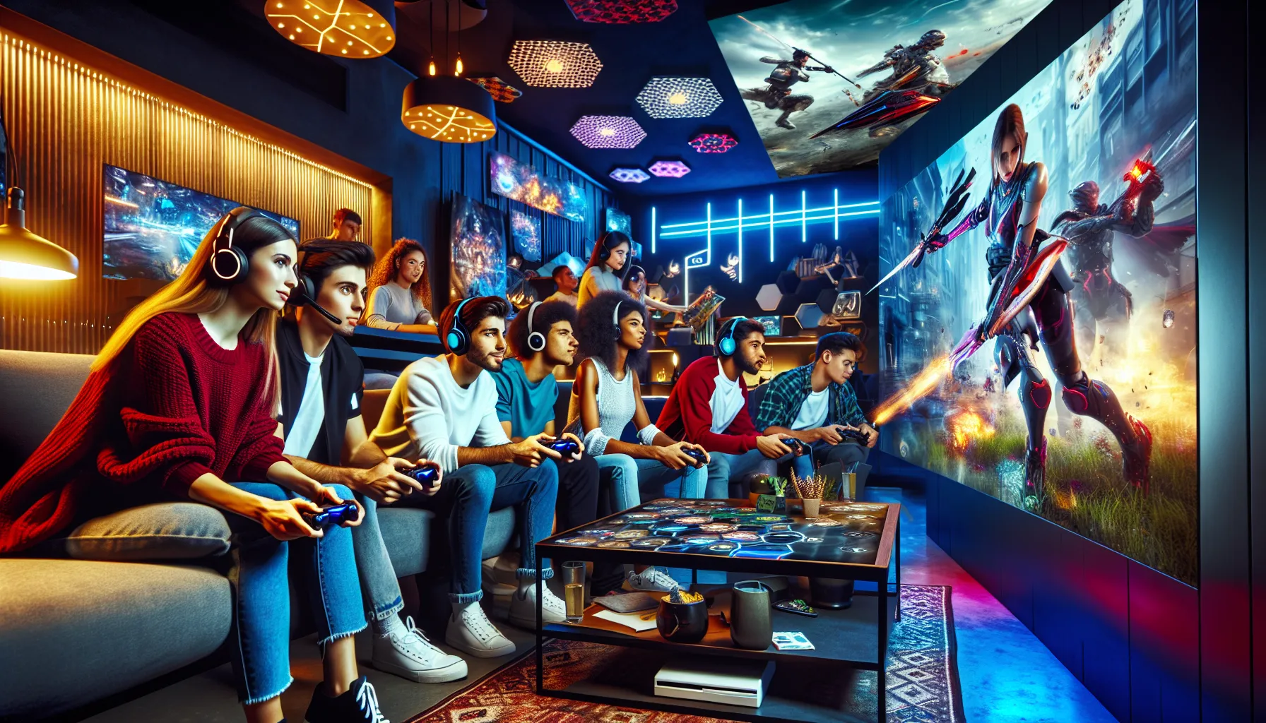 diverse group of gamers enjoying various games in a modern lounge.