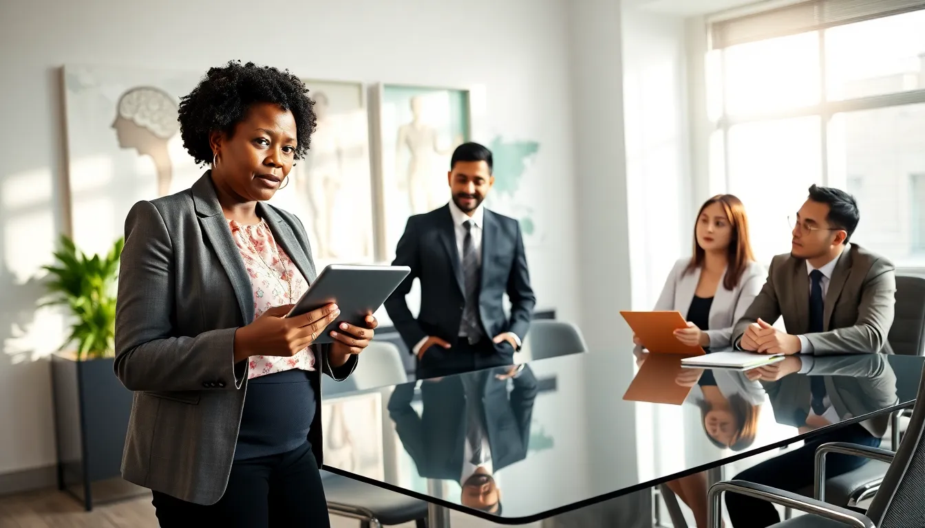 professionals collaborating in a modern office on health strategies.
