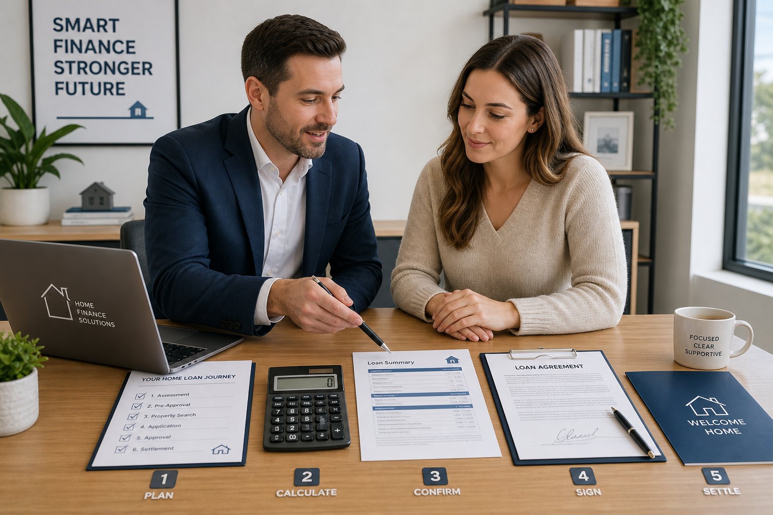 Consultant and client completing commercial mortgage paperwork in an organized office setting.