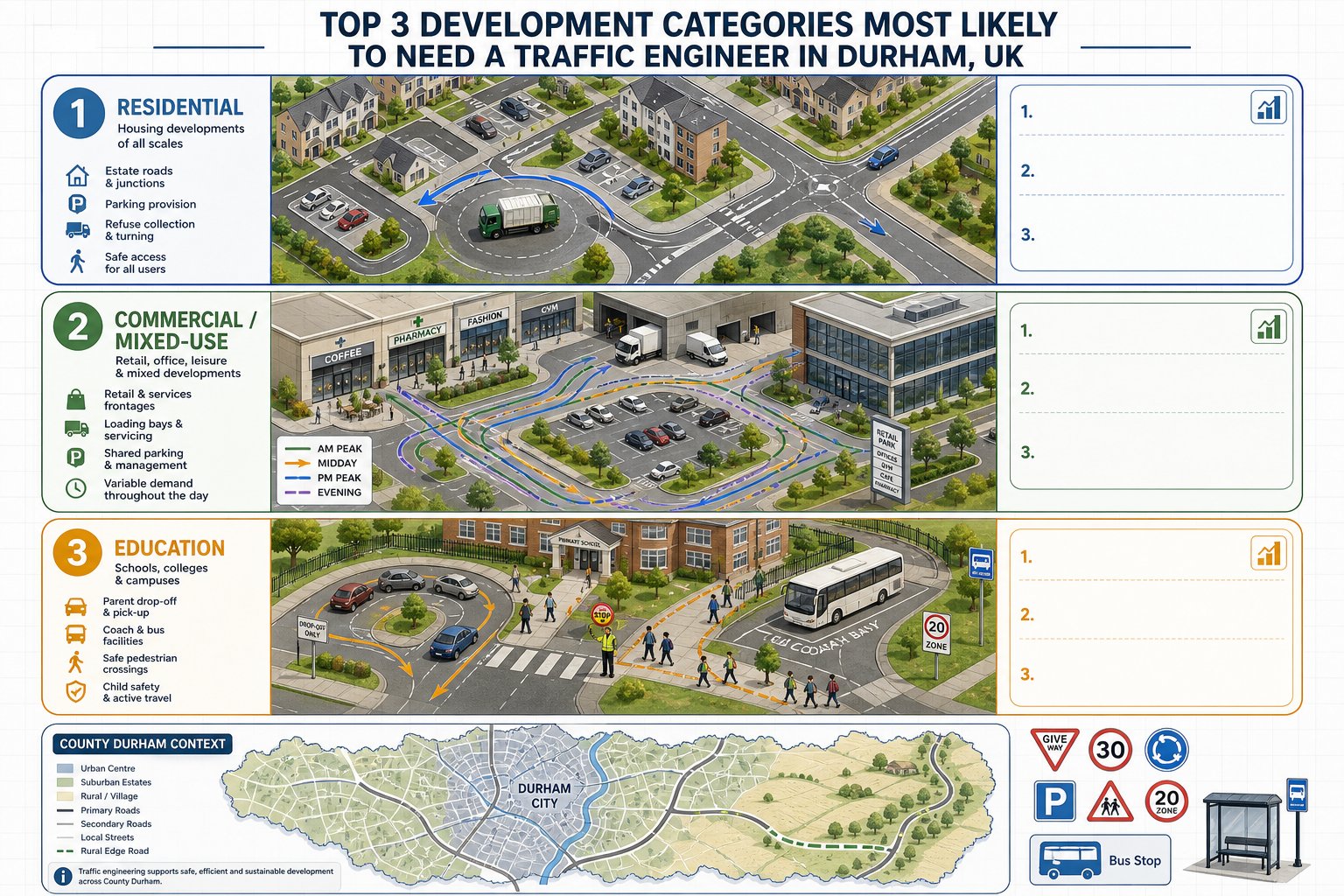Infographic of Durham development types needing traffic engineering input.
