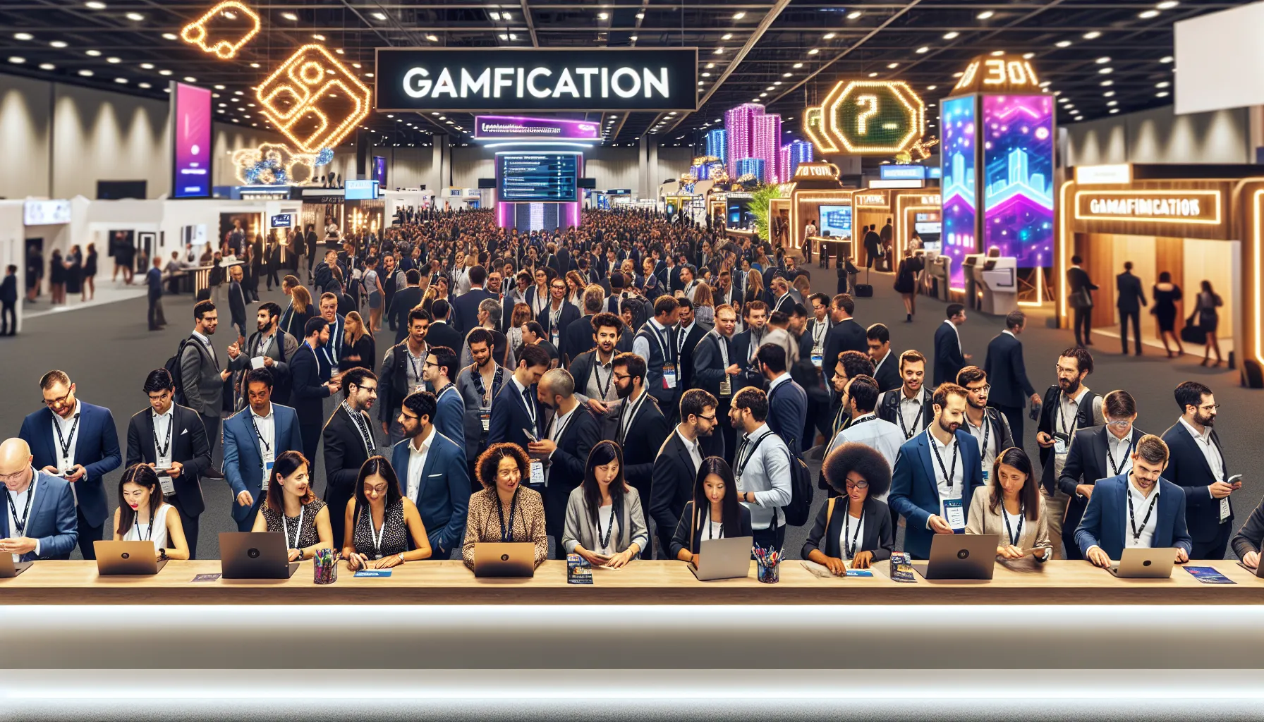 diverse professionals networking at a gamification summit.