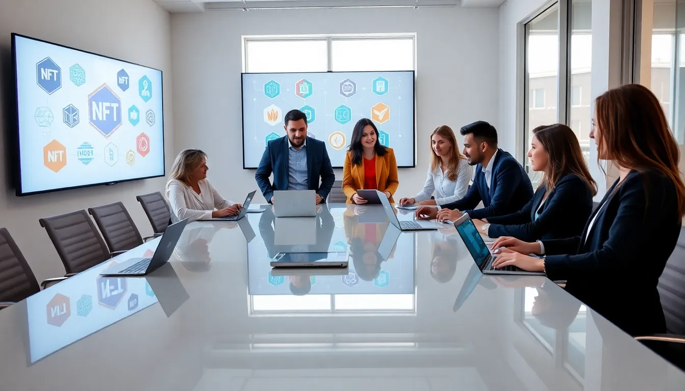diverse team discussing NFTs in a modern office.
