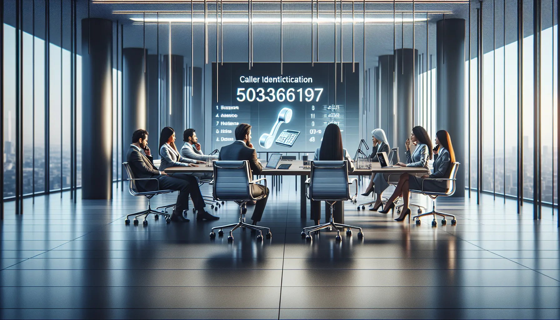 diverse team discussing caller ID in a modern office.