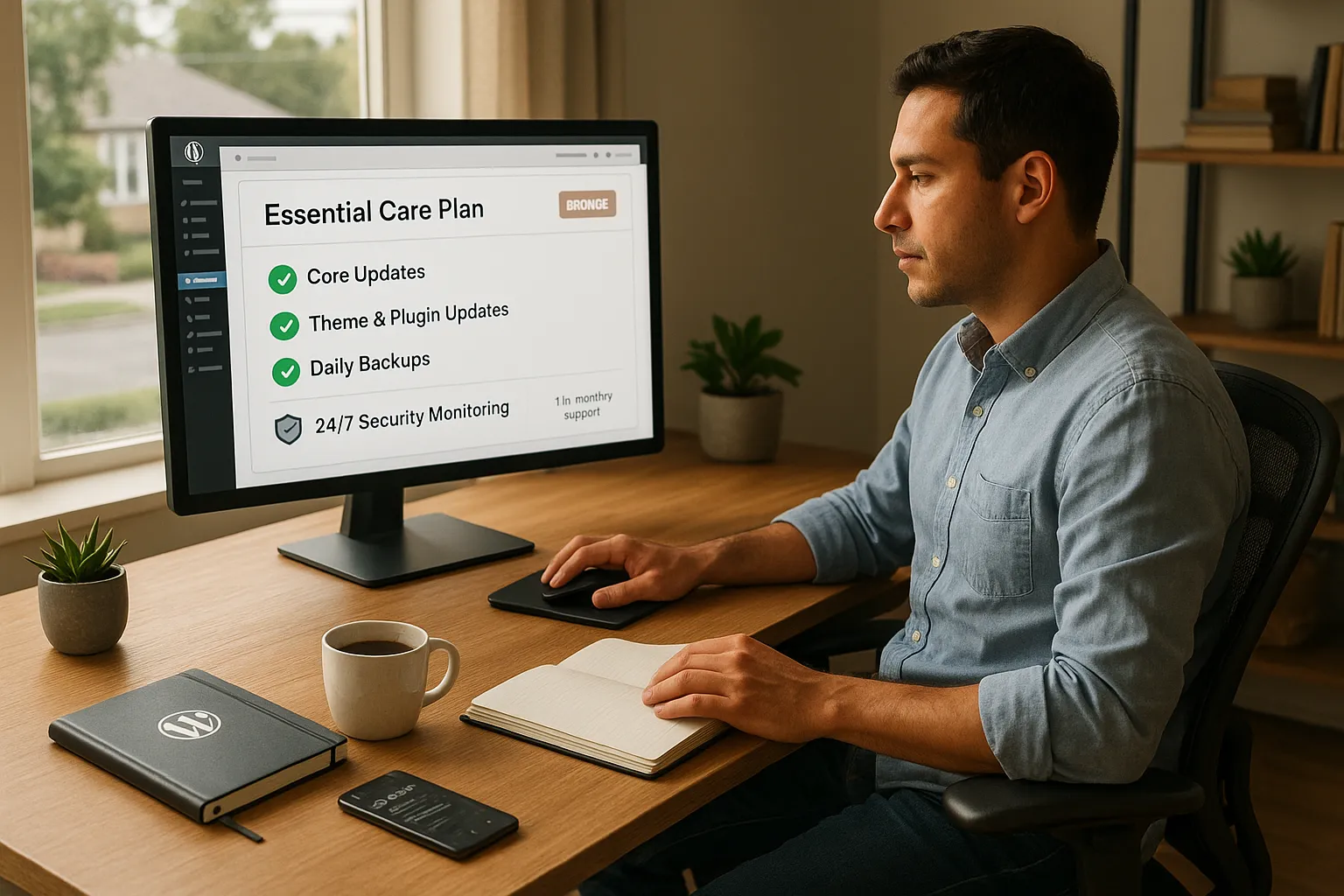 Solo founder managing essential WordPress care plan on a secure, organized dashboard.