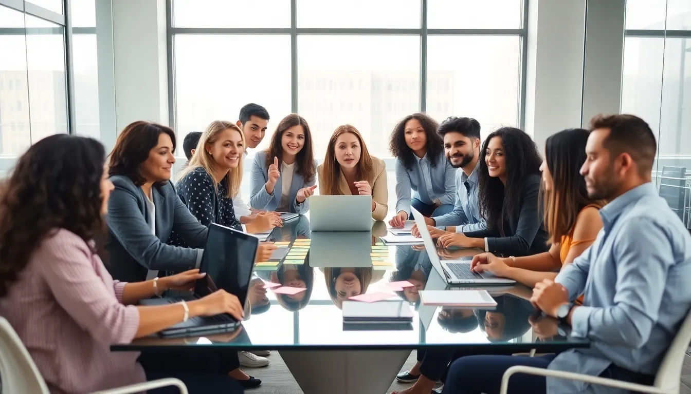 diverse team brainstorming in a modern office setting.