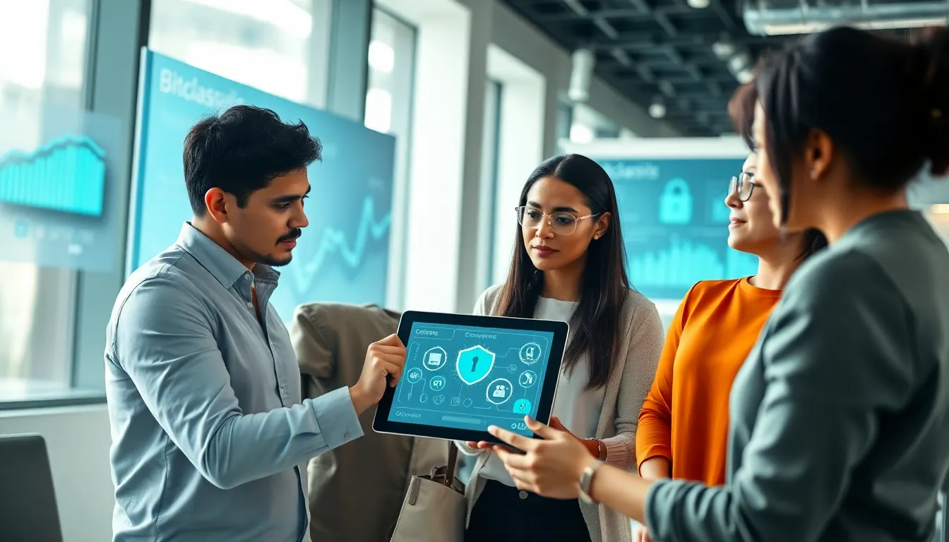 diverse team discussing Bitclassic encryption in a modern office.