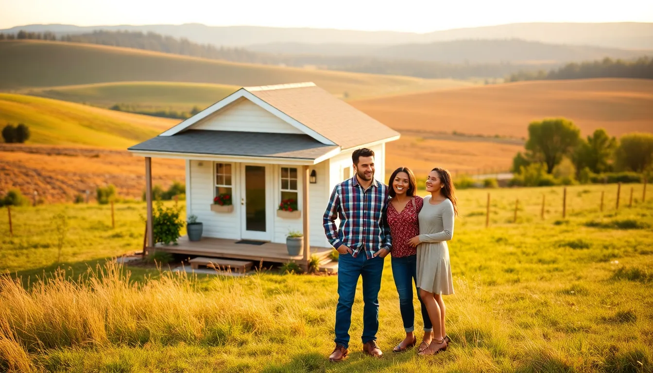 diverse family in front of their new rural home.