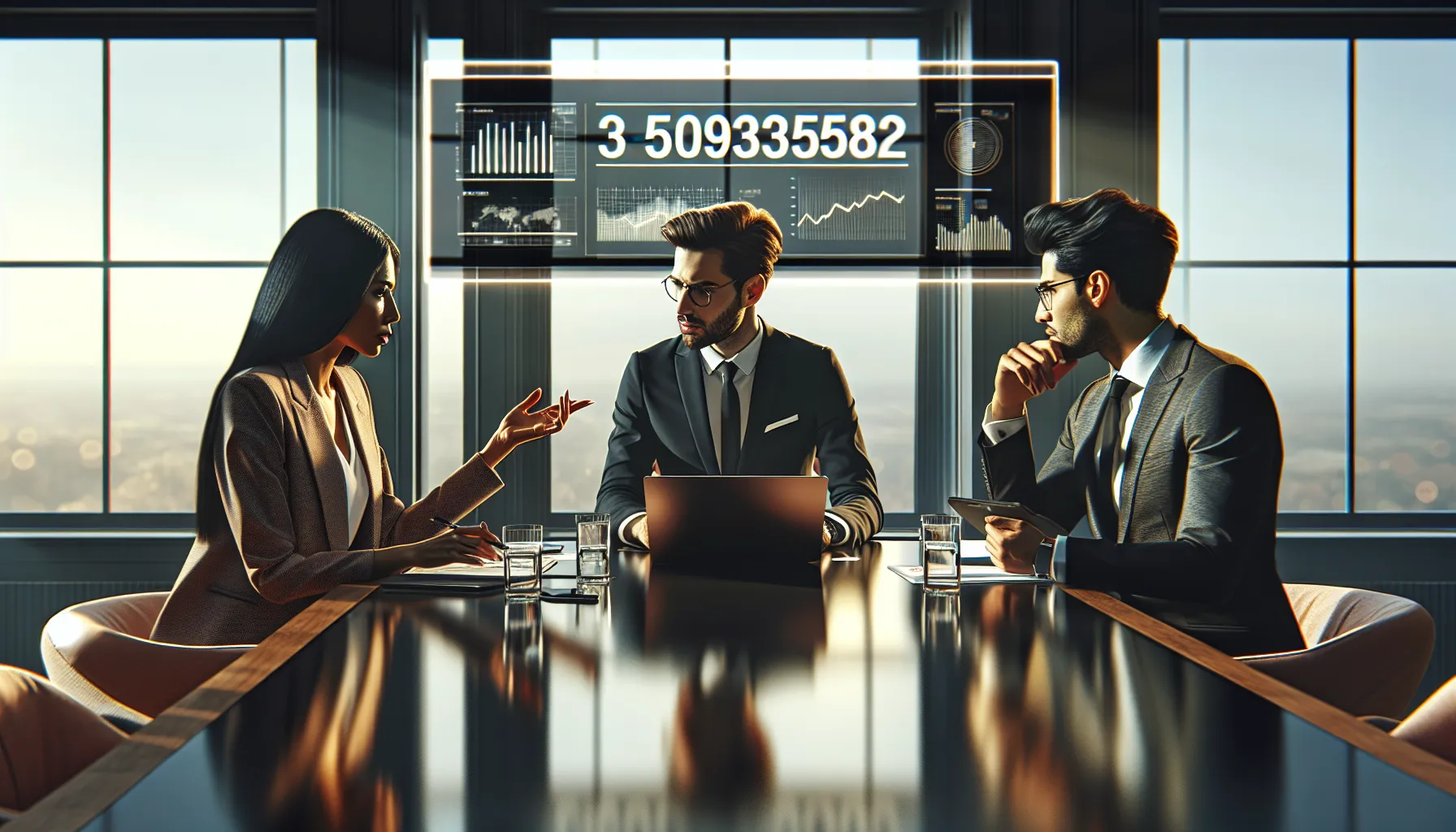 diverse professionals discussing data in a modern office.