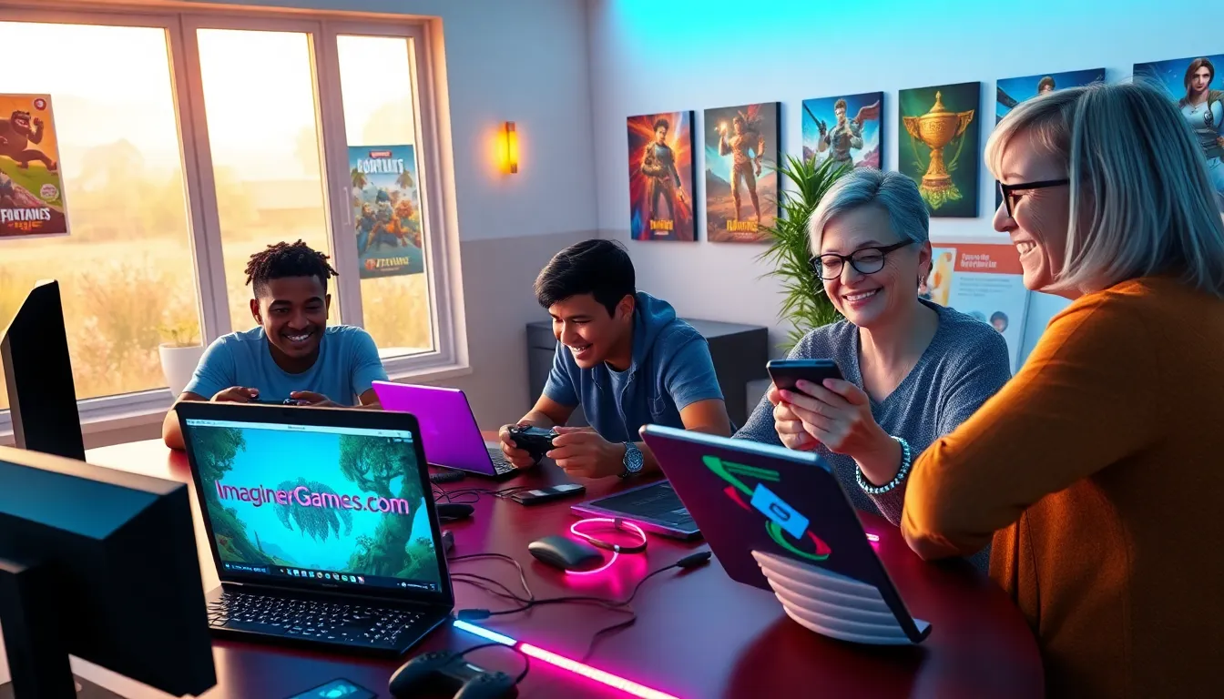 a diverse group of gamers collaborating around a modern gaming table.