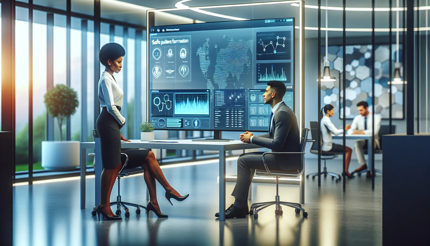 diverse professionals discussing data in a modern healthcare office.