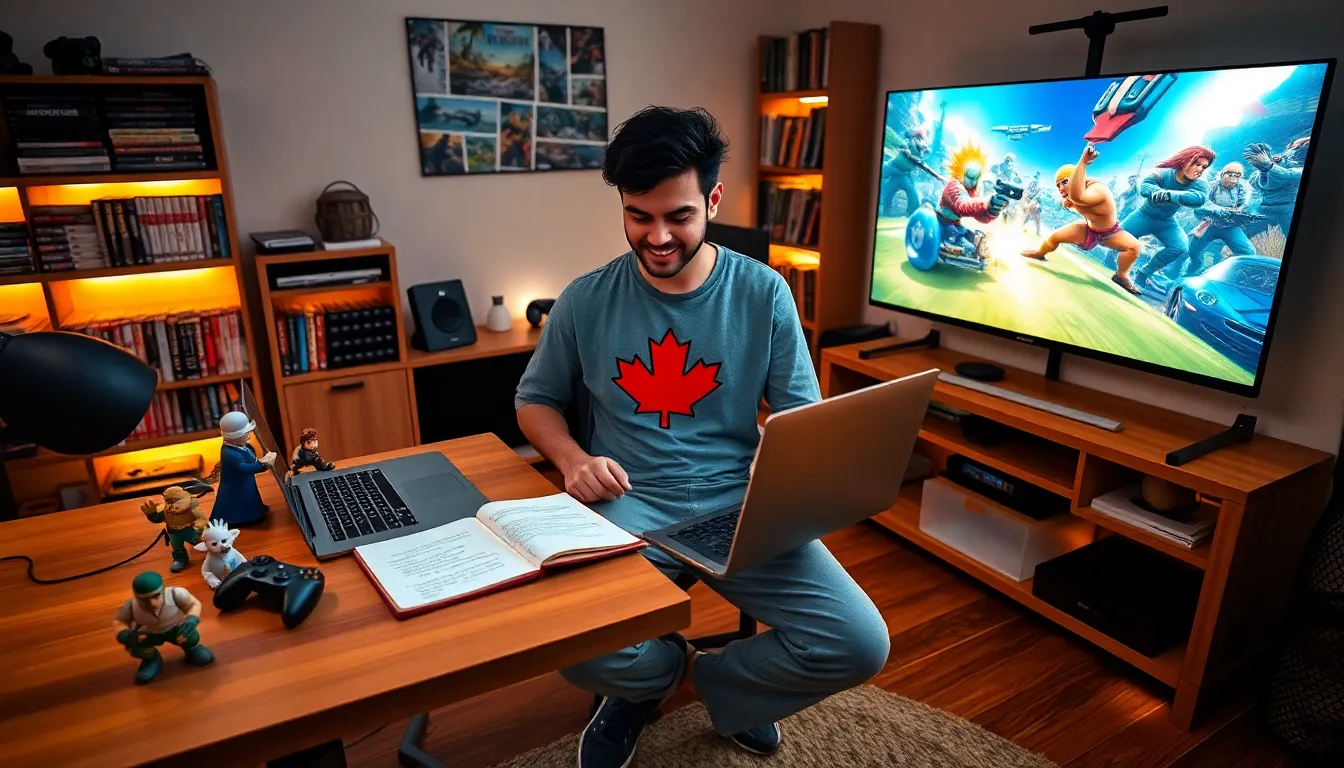 Larry Nando engaged at his gaming desk, surrounded by games and memorabilia.