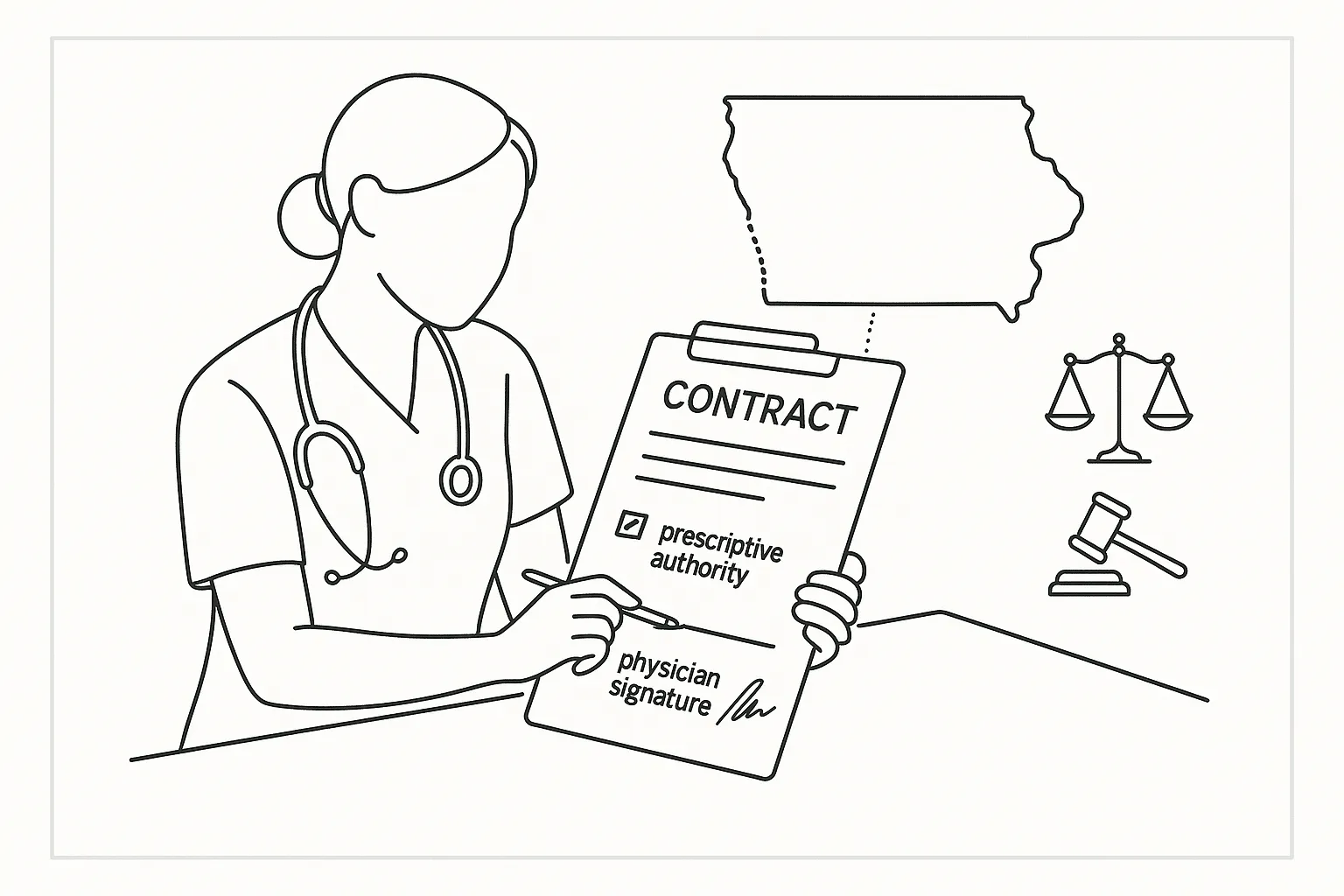 Nurse practitioner reviewing a contract clipboard with Iowa outline and legal icons of Iowa Nurse Practitioner Contract Review.