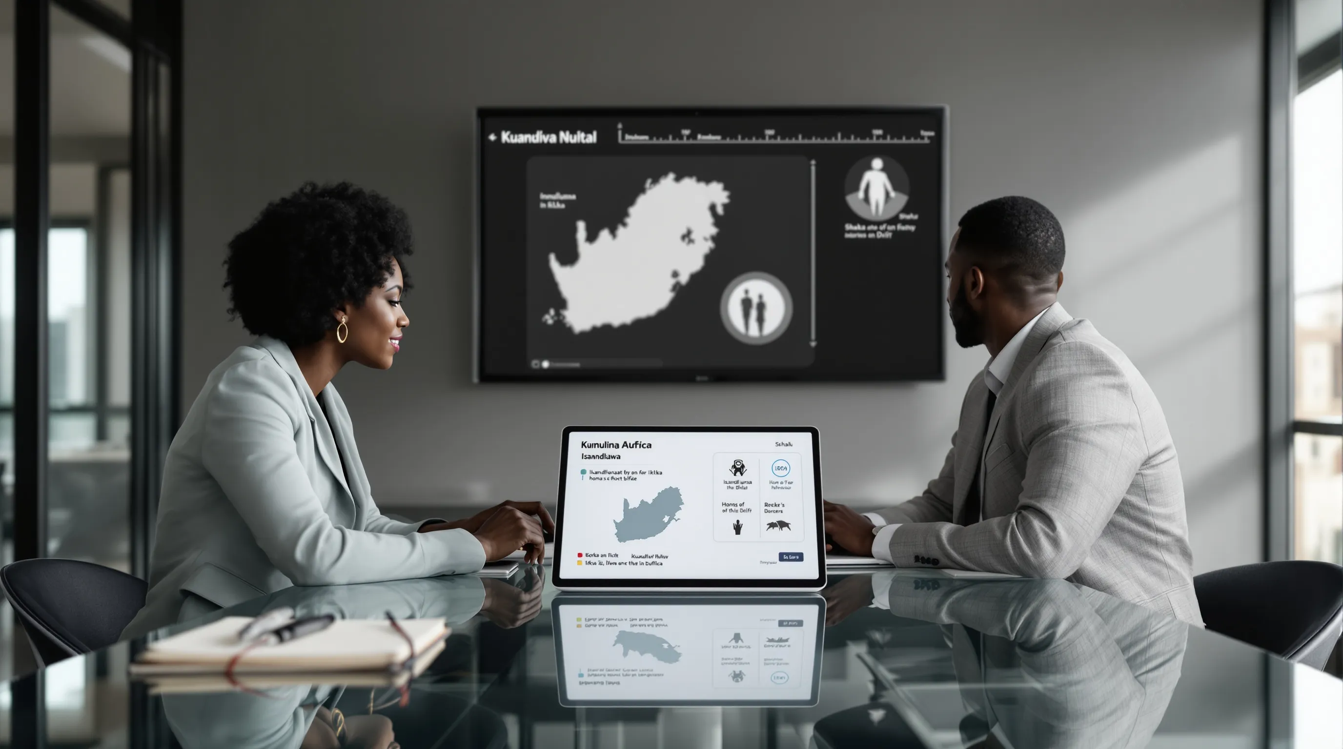 Zulu professionals in modern office reviewing KwaZulu-Natal history and culture visuals.