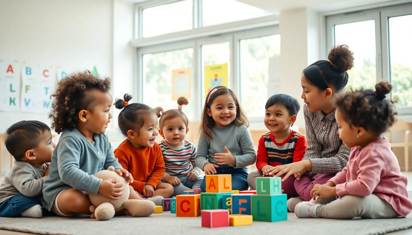 children playing and learning language in a bright classroom.
