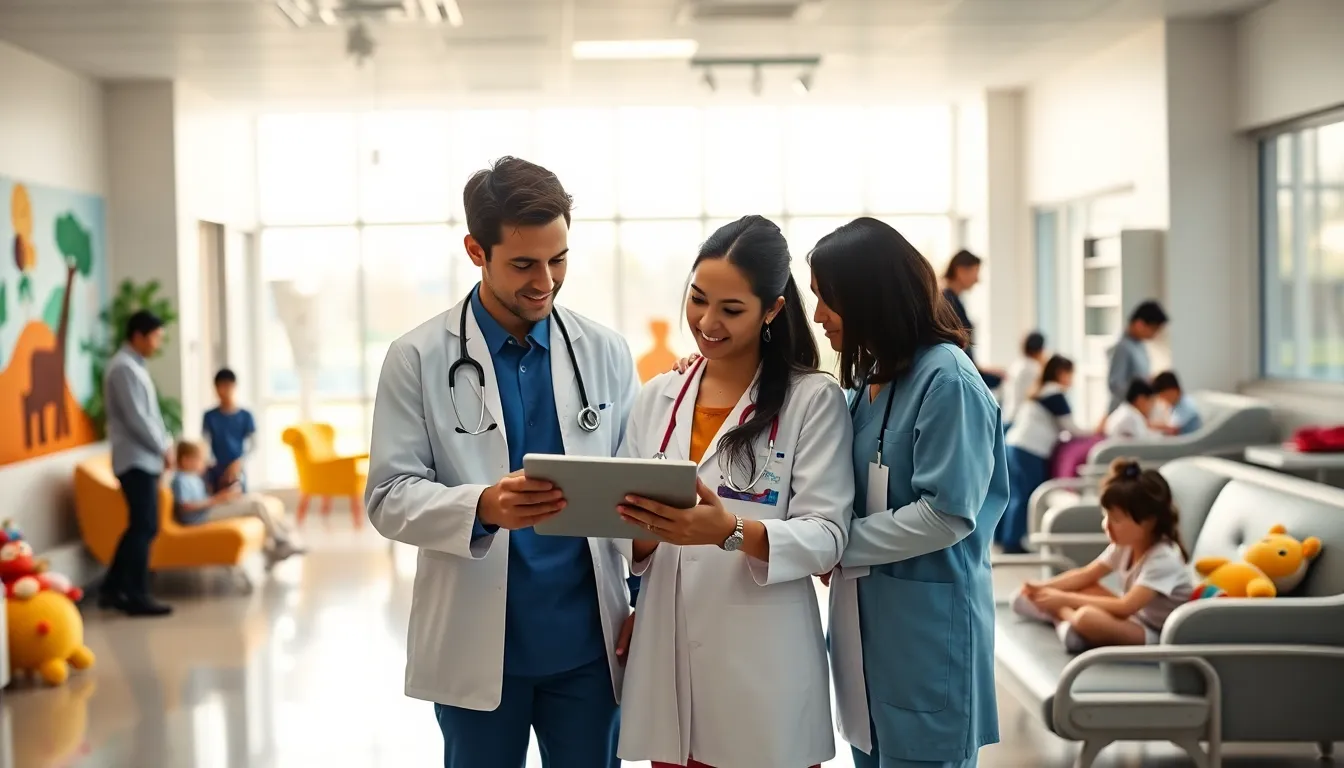 Healthcare professionals collaborating in a colorful children's hospital interior.