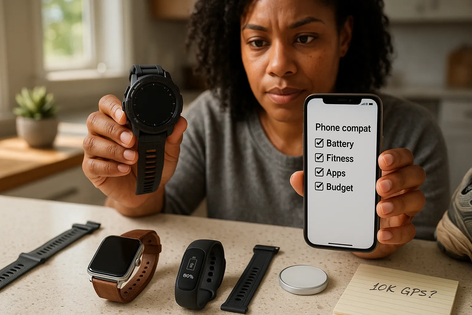 Person comparing three smartwatches with phone checklist on a sunlit kitchen counter.