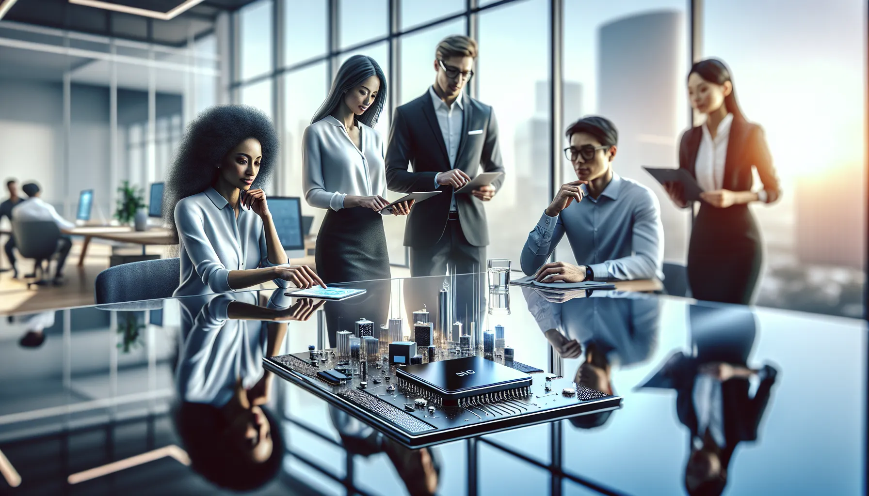 professionals collaborating around the sleek Sim980216Fq8 device in a modern office.