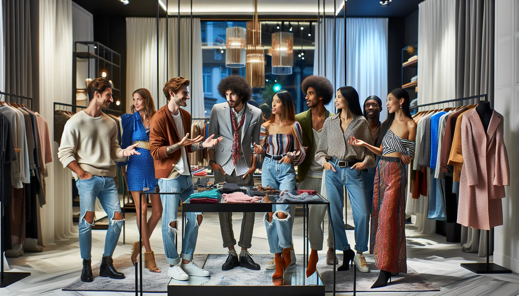 diverse individuals discussing fashion styles in a modern boutique.