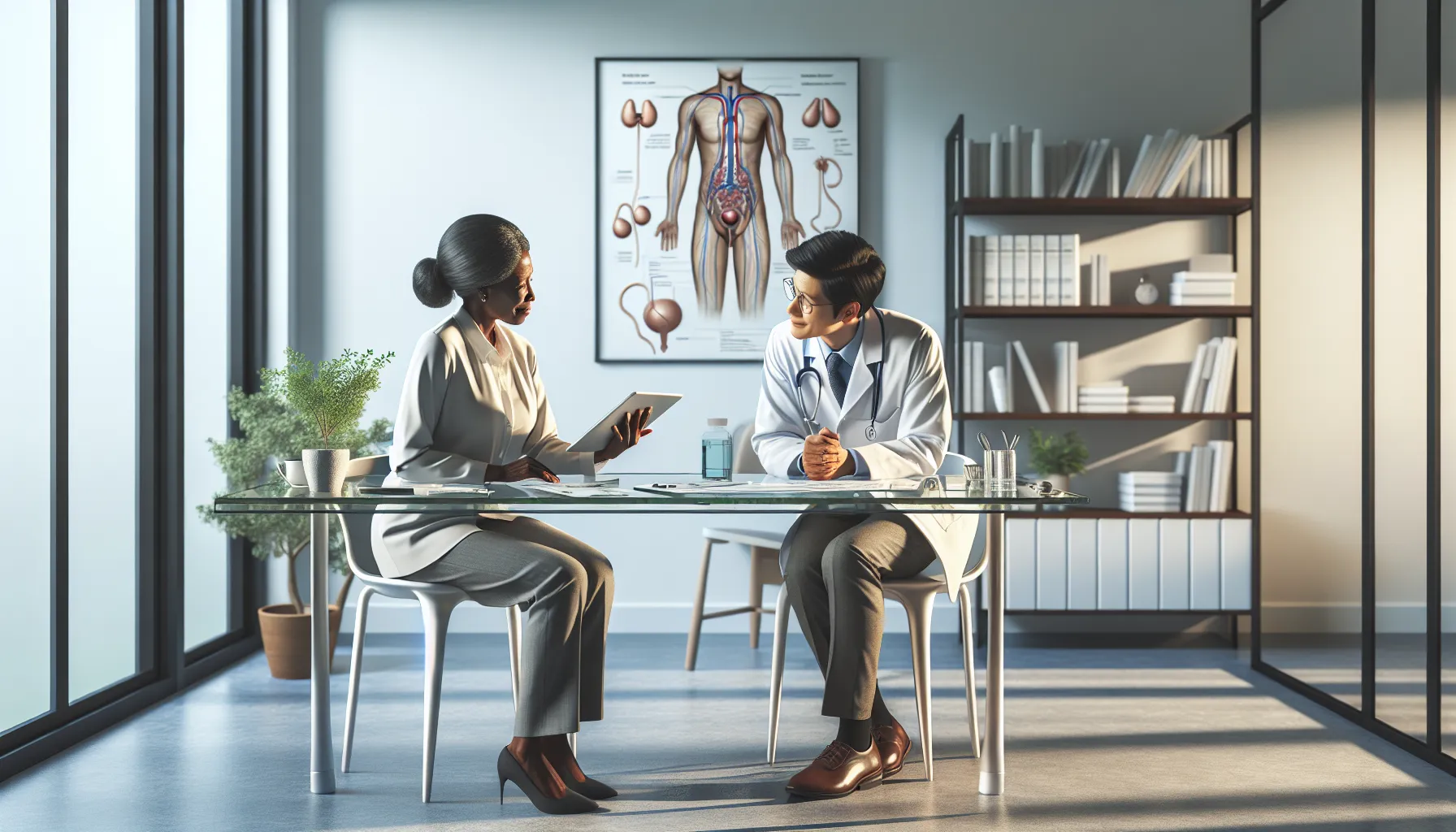 doctor discussing ureterohragia treatment with a patient in a modern office.