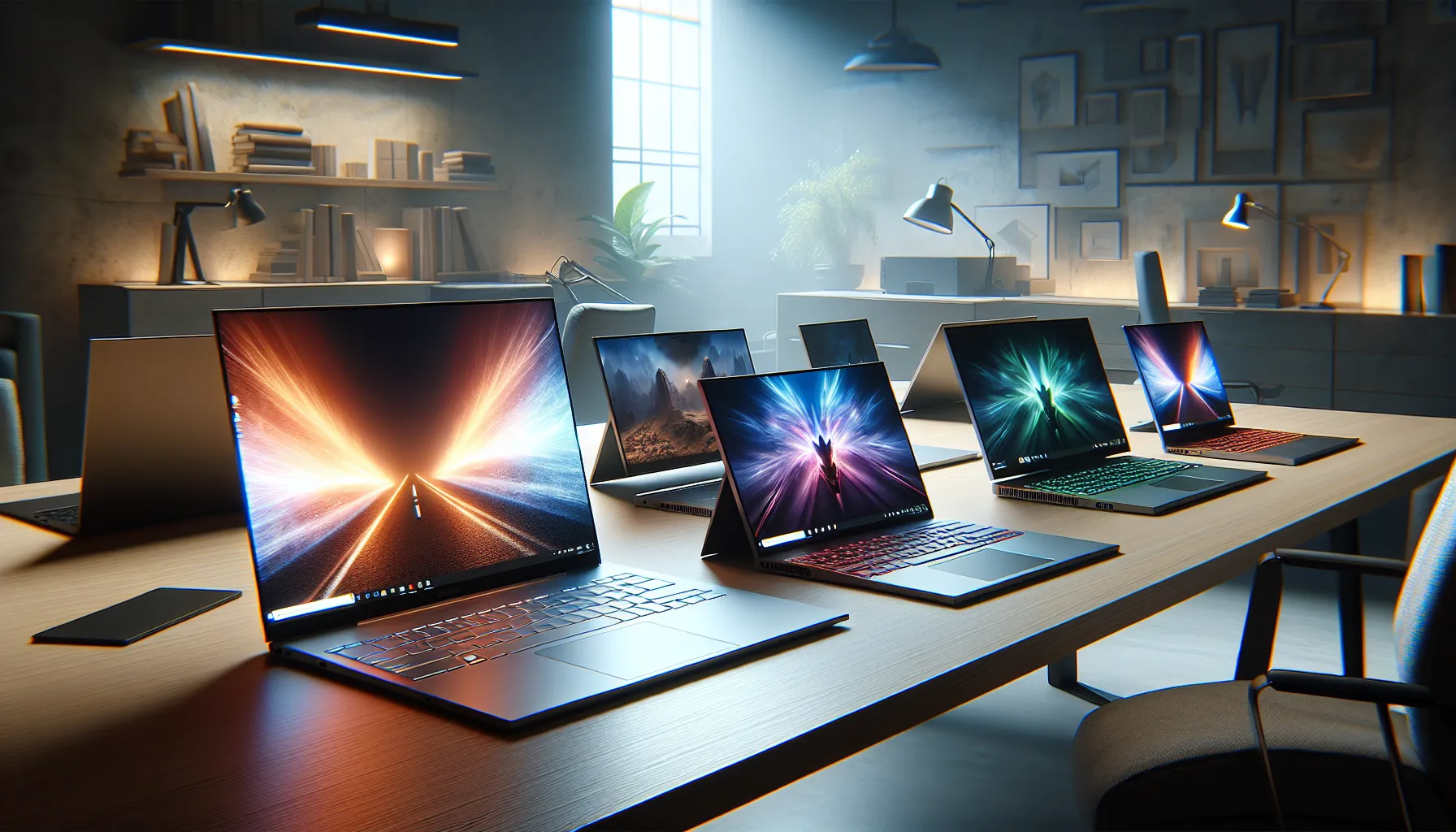 various laptop types arranged on a sleek desk in a modern workspace.
