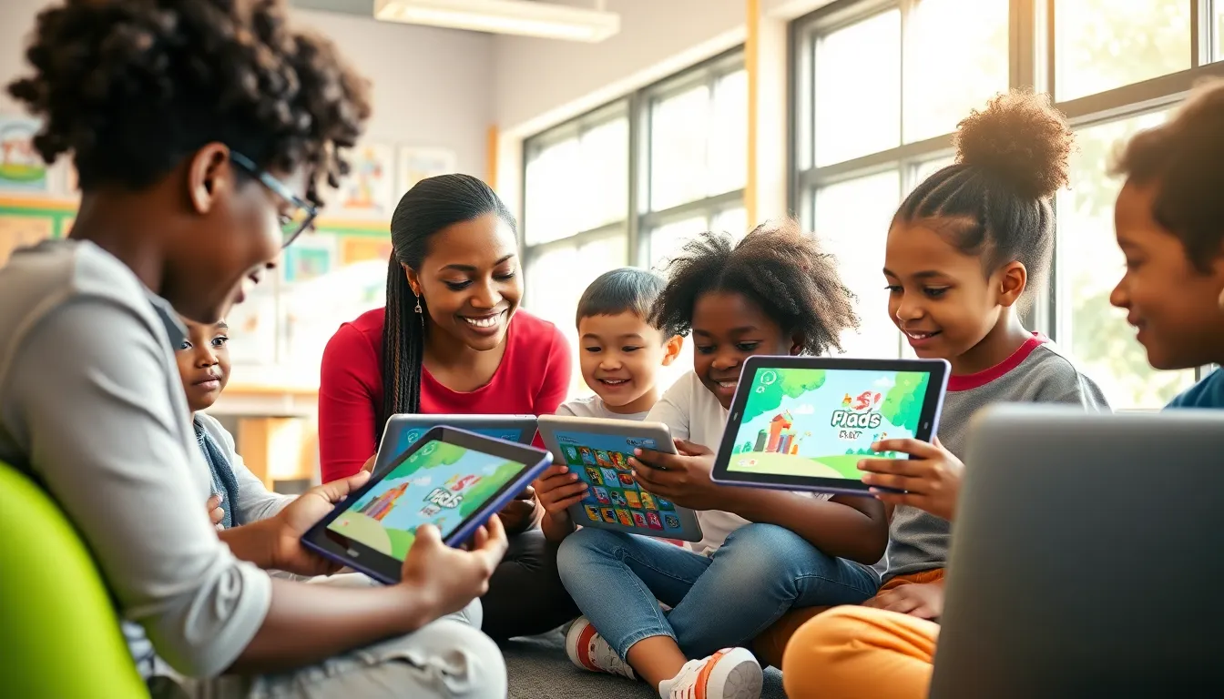 students using playground software in a modern classroom setting.