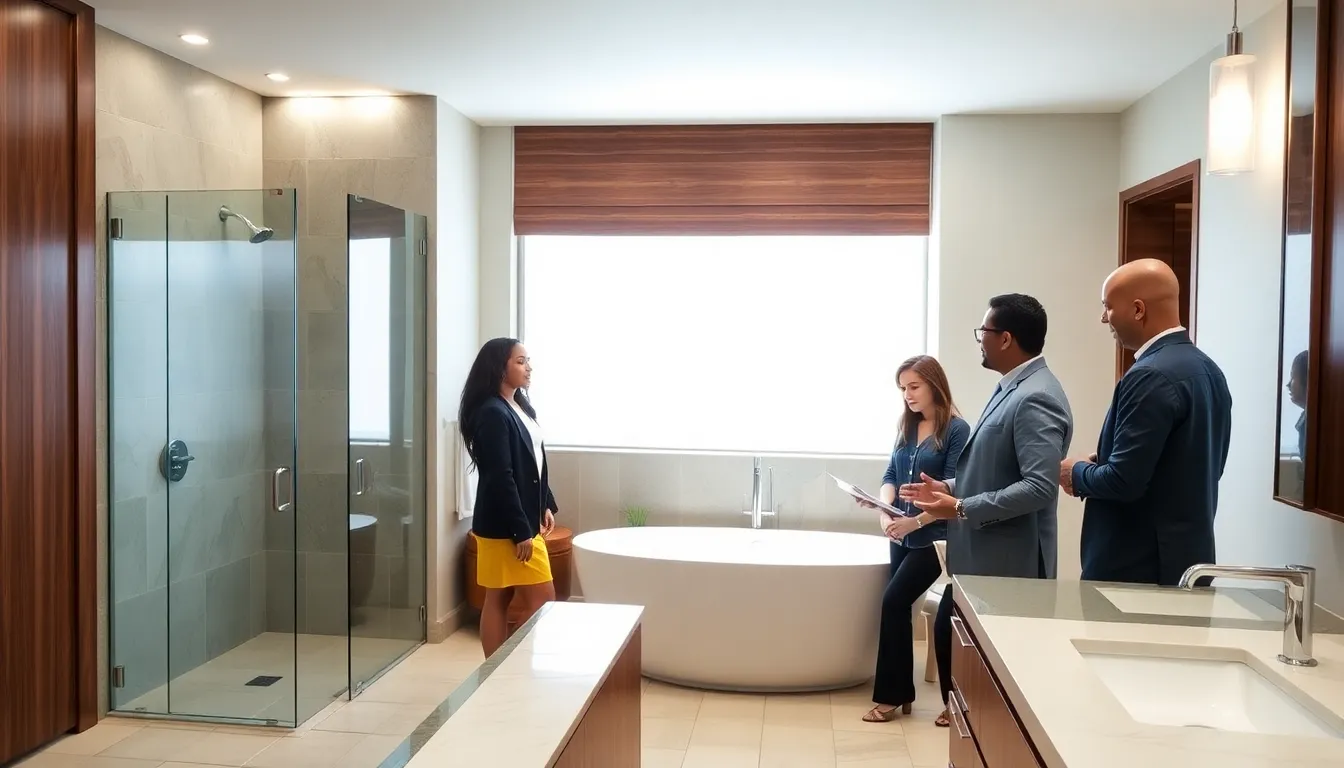 modern bathroom with diverse professionals discussing a Rebath renovation.