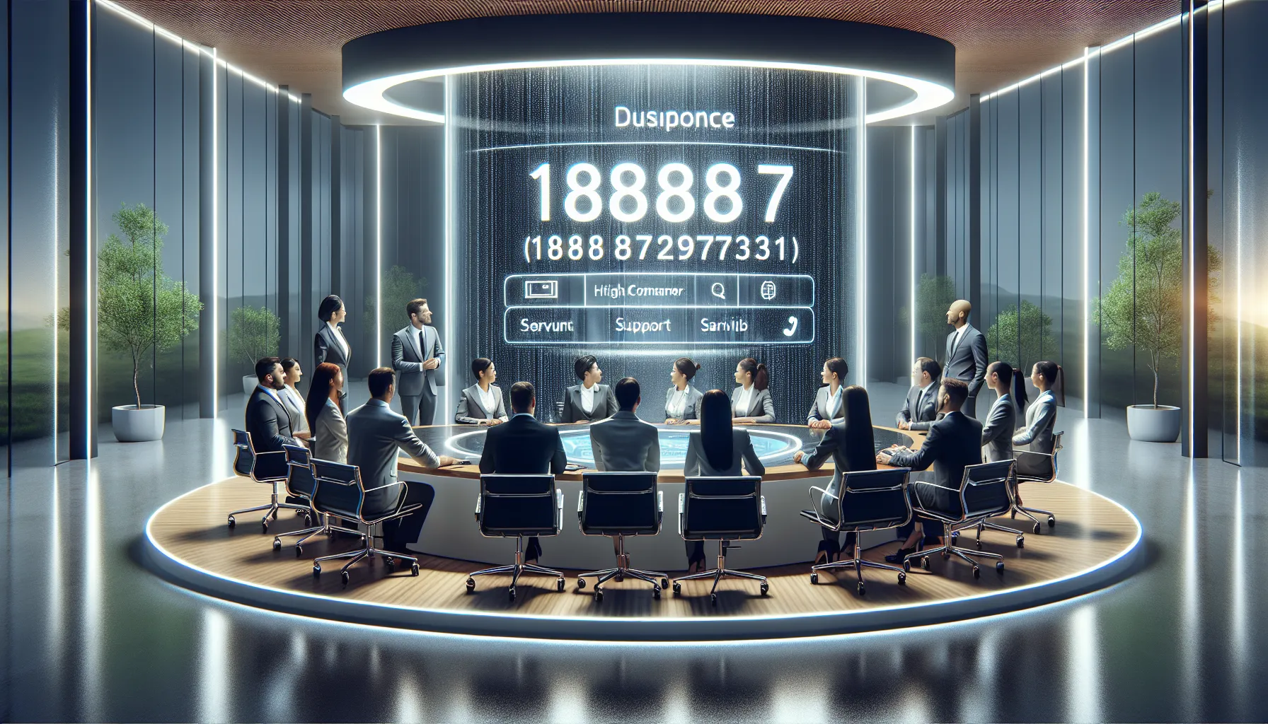 business professionals discussing a customer service hotline number.