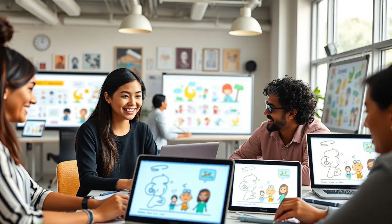 diverse group creating cartoons in a modern workspace.