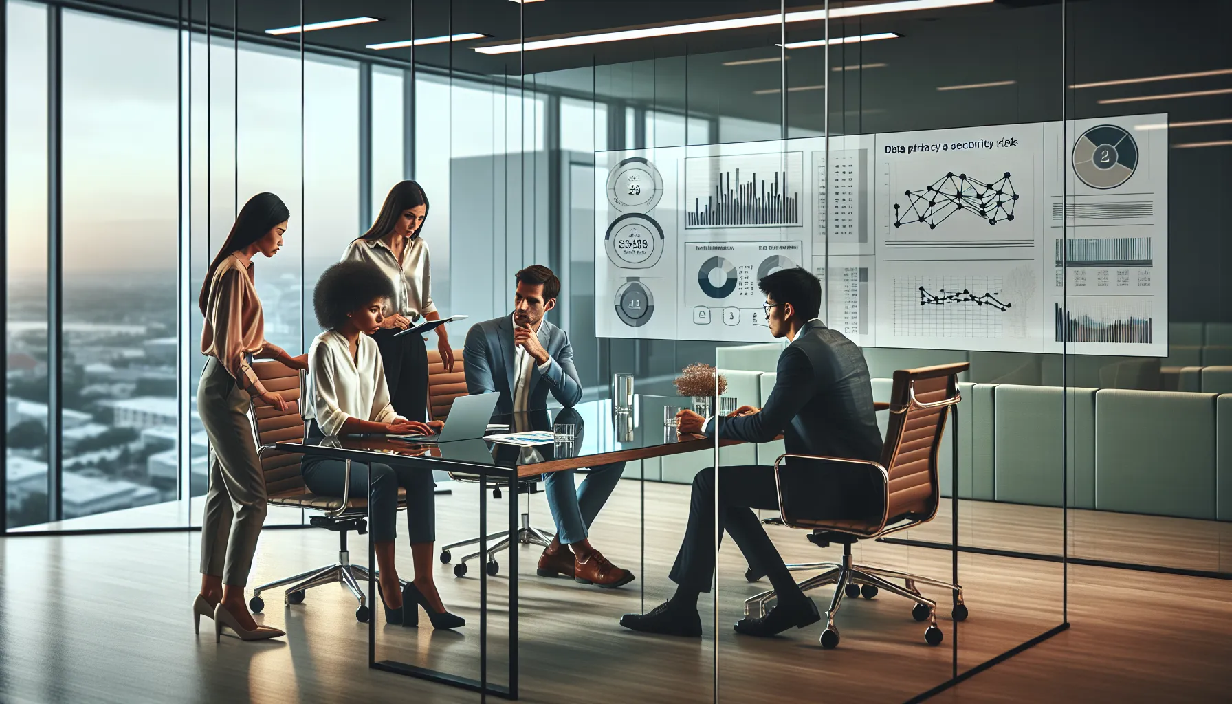 diverse team discussing data privacy in a modern office.