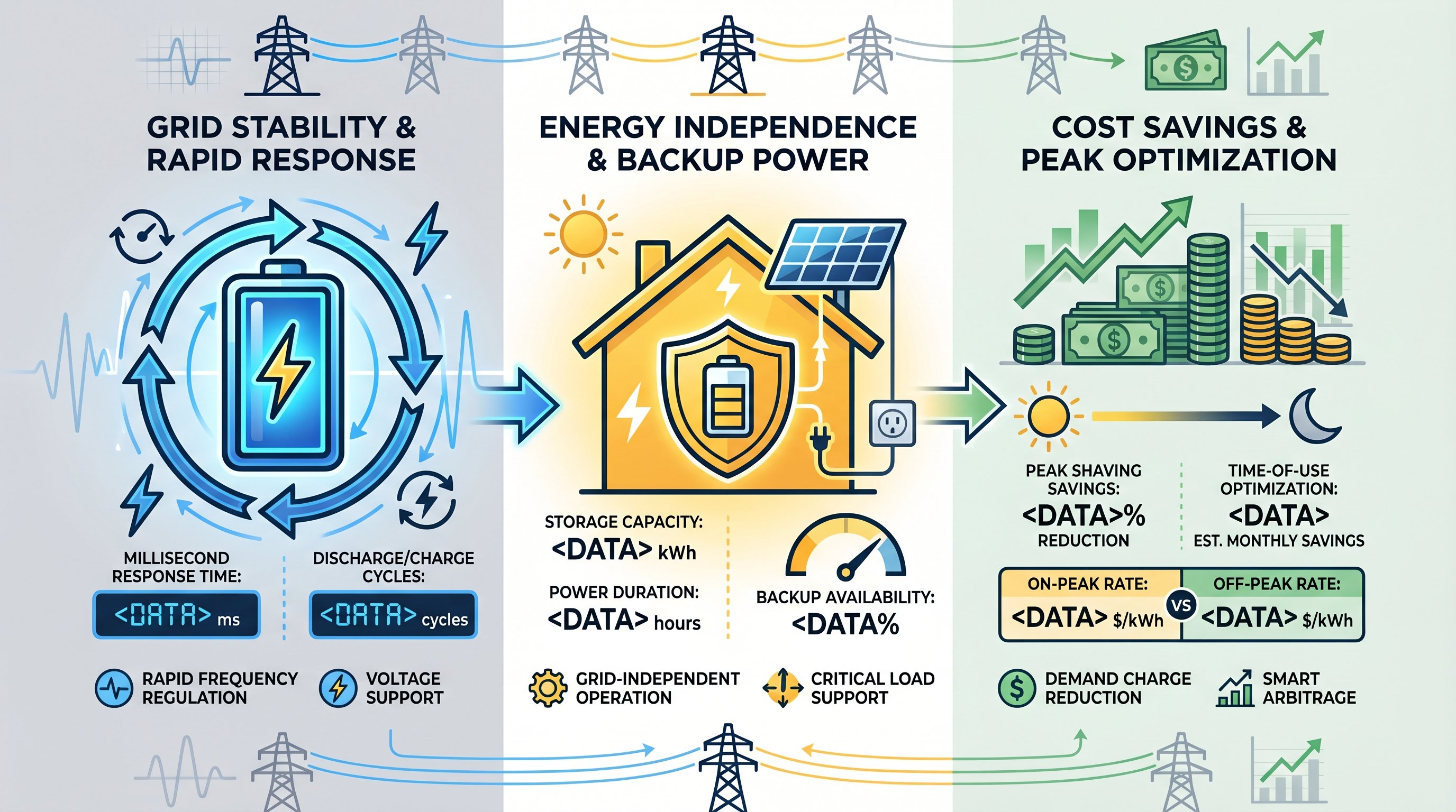 Three-panel infographic showing grid power storage benefits: stability, backup power, and cost savings.