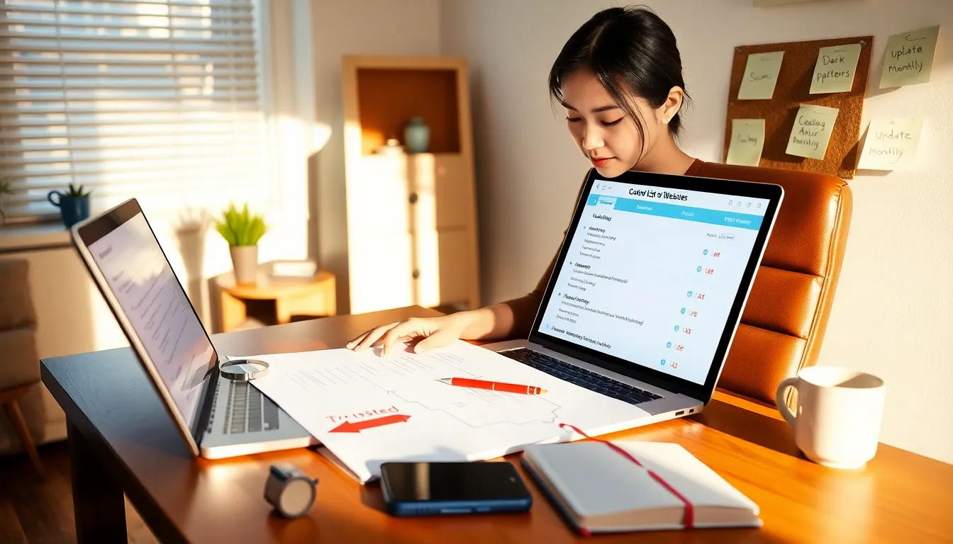 Curator reviewing a printed curated list of websites at a sunlit home office desk.