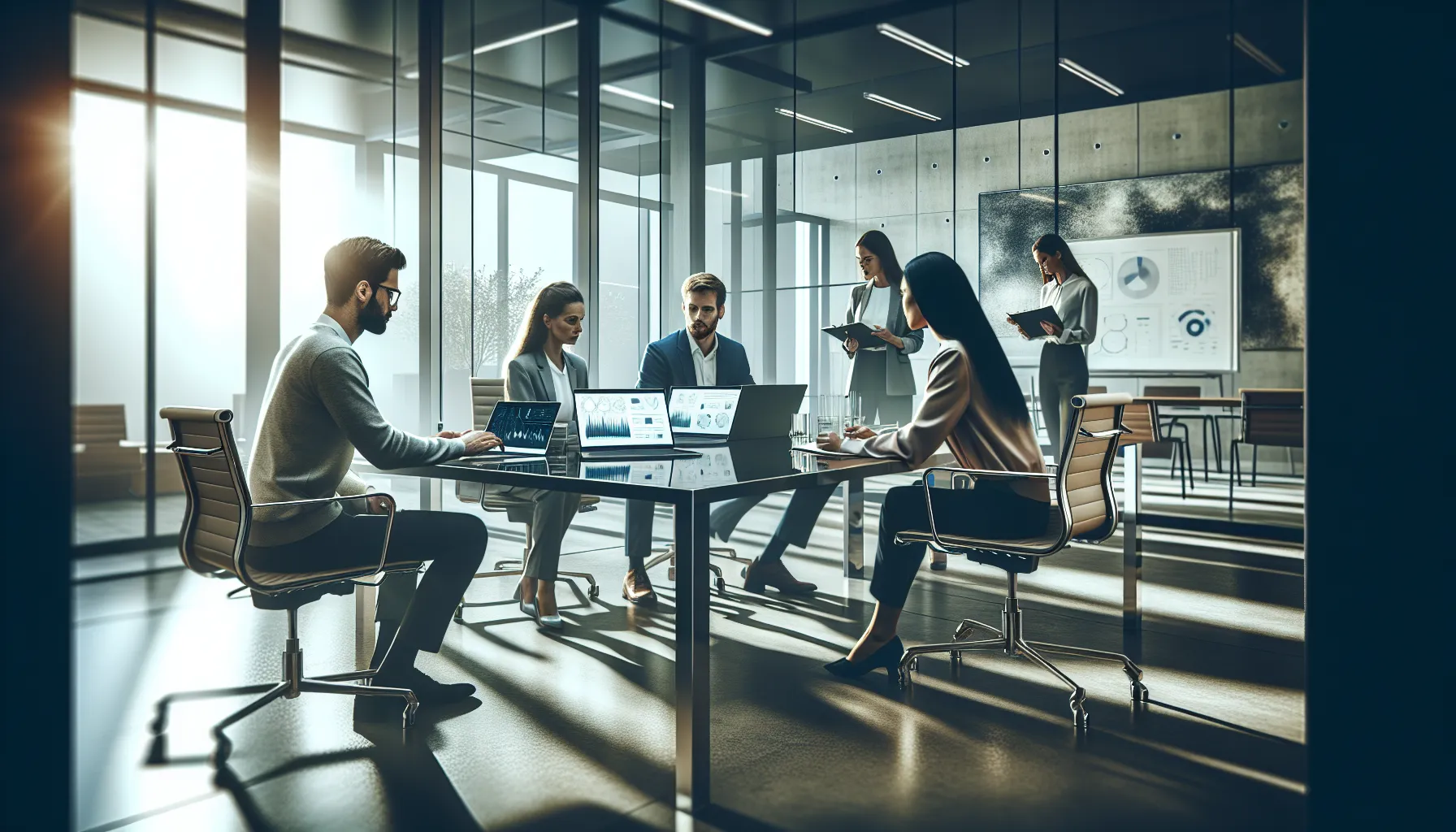 diverse team collaborating using data analysis tools in a modern office.