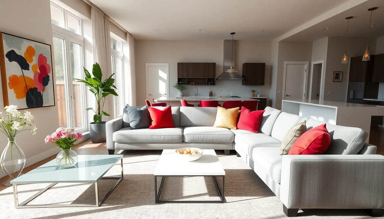 a beautifully staged living room featuring modern decor and fresh flowers.