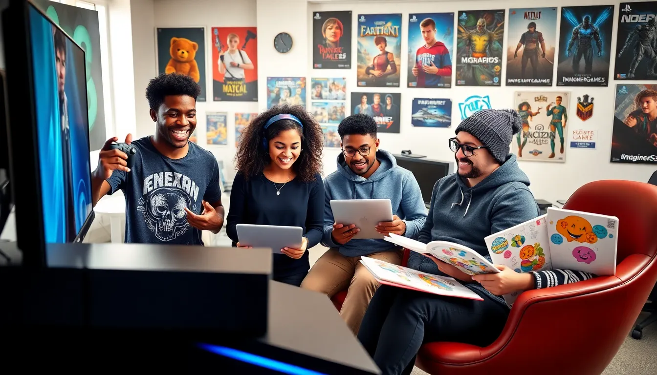 a diverse group collaborating on video game design in a vibrant studio.