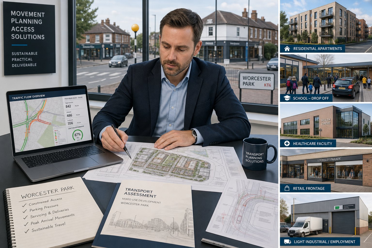 Traffic engineer reviewing transport plans for mixed-use development in Worcester Park.
